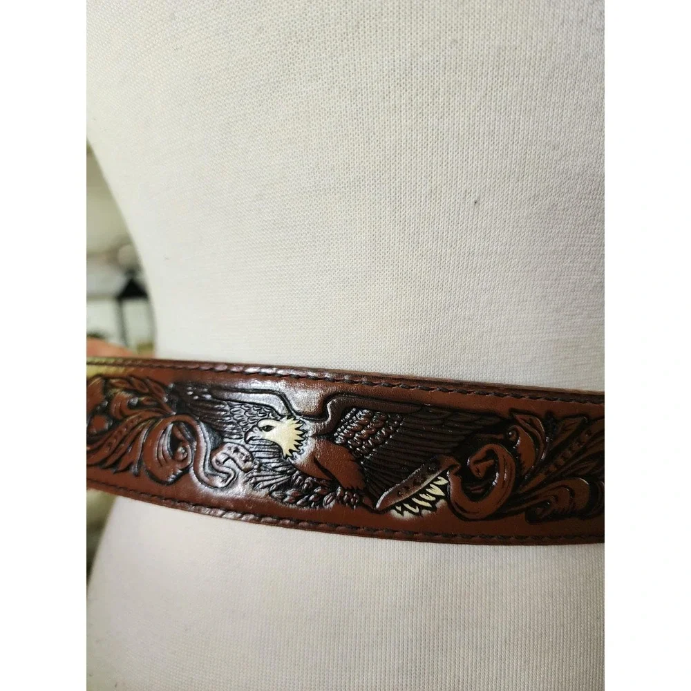 Vintage Mens Brown Tooled Leather Western Belt Eagle Floral Scroll Silver Buckle